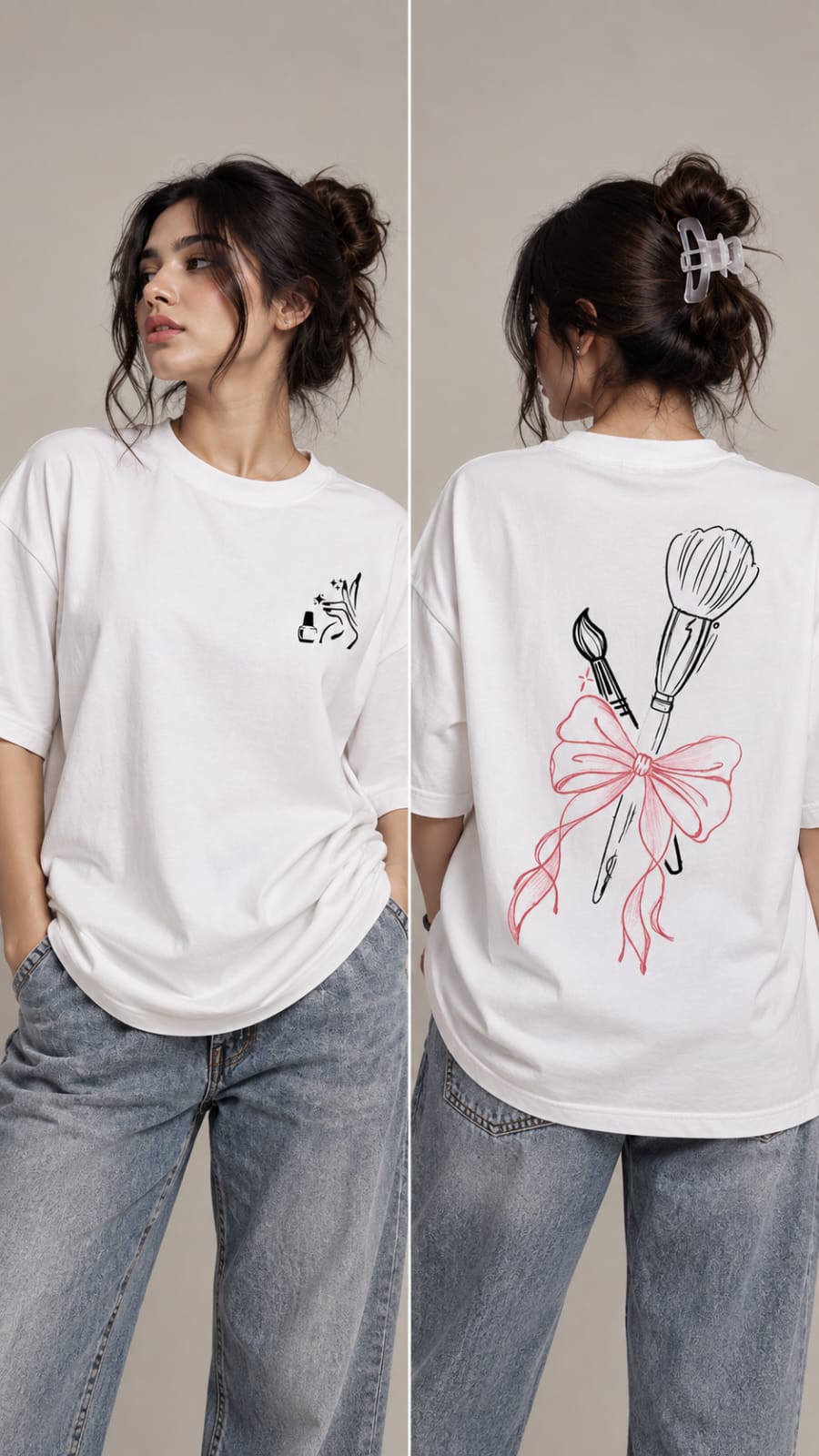 Women’s Oversized "Glam & Art" Graphic T-Shirt – White Coquette Bow Tee